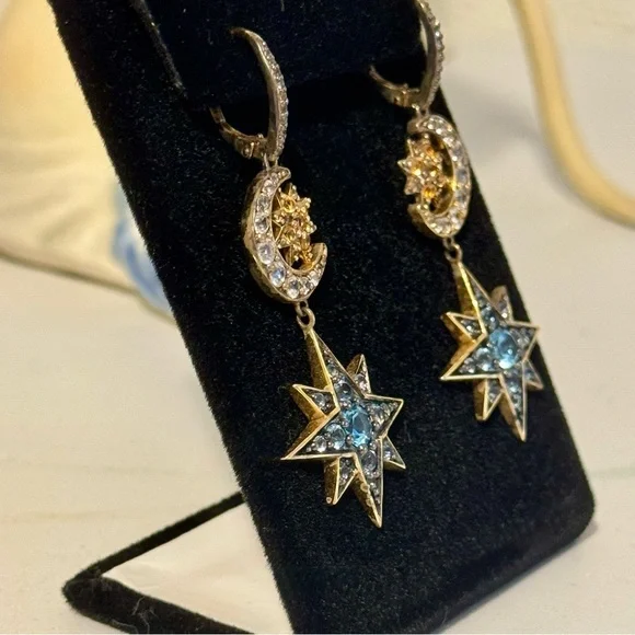 18k Gold Multi-Gemstone Celestial Star and Moon Earrings - Picture 7 of 9